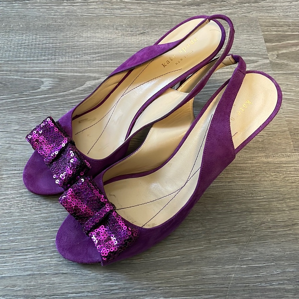 Kate Spade Purple Sequin Bow Slingback Heels Sz 10